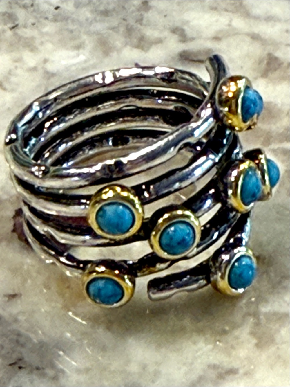 Turquoise Accent Silver & Gold Banded Ring - Picture 7 of 12